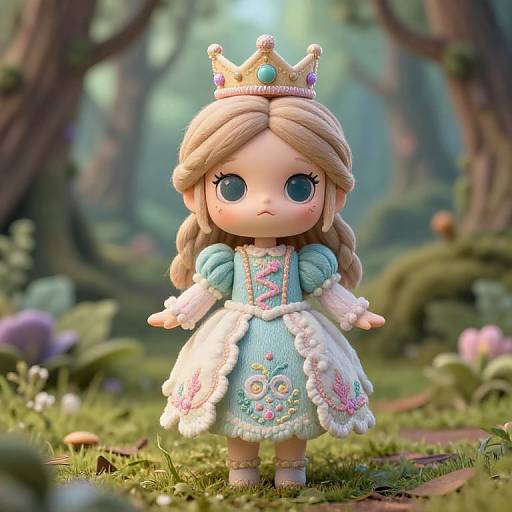 Photorealistic CGI of a cute, blonde-haired doll with large blue eyes, wearing a blue dress, white apron, and crown, standing in