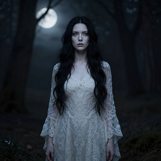 Photograph of a pale, dark-haired woman with long wavy hair wearing a white lace dress, standing in a dark, moonlit forest.