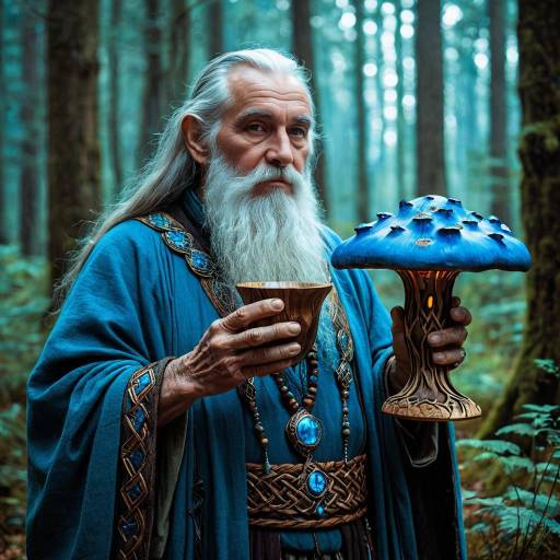 Elderly Celtic Druid with Wooden Goblet in Mystical Forest