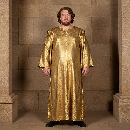 Photograph of a bearded man with curly brown hair wearing a long, shiny gold robe, standing in a stone archway.