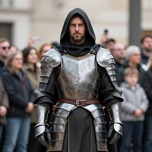 Photograph of a serious, bearded man in medieval silver armor and black hood, standing in front of a blurred crowd.