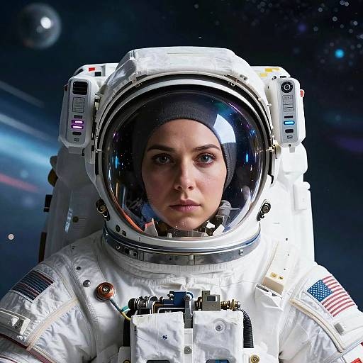 Symmetric Female Astronaut Headshot in Hyperspace
