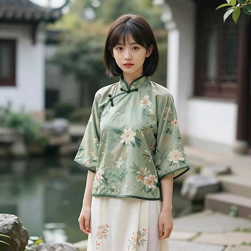 Elegant Chinese Hanfu in Scenic Courtyard