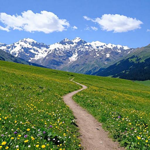 Photograph of a winding dirt path through a vibrant green meadow filled with yellow and purple wildflowers, leading to a backdrop of snow-capped mountains