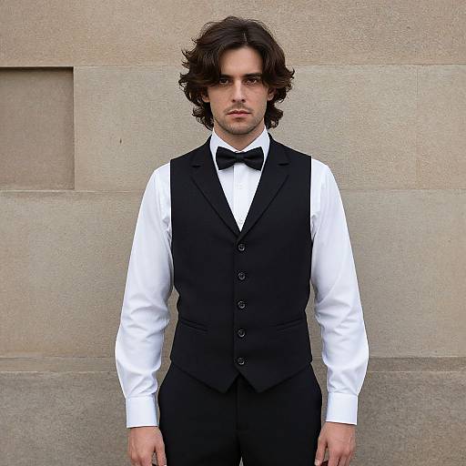Photograph of a young man with dark, wavy hair, wearing a black waistcoat, white dress shirt, and black bow tie, standing against