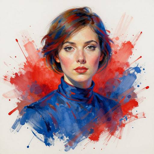 Digital painting of a young woman with short brown hair, blue turtleneck, and intense expression, surrounded by vibrant red and blue splatters.