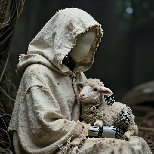 Photograph of a hooded, faceless figure in tattered, beige robe cradling a robotic arm and a fluffy sheep in a dark forest