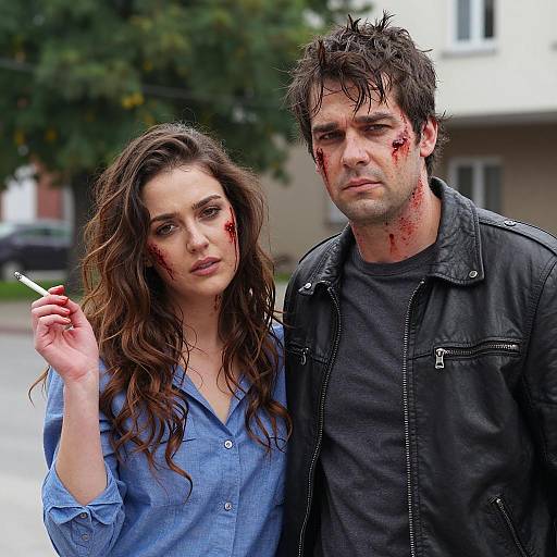 Injured Couple with Serious Expressions Outdoors