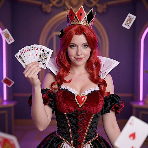 Digital art of a red-haired woman in a black and red corset dress, crown, and white ruffled collar, holding playing cards in a purple