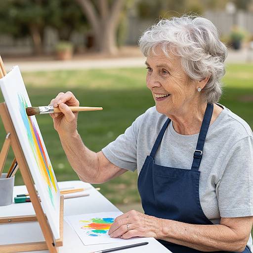 Photograph of an elderly white woman with short gray hair, wearing a blue apron over a gray shirt, painting outdoors, smiling while holding a brush