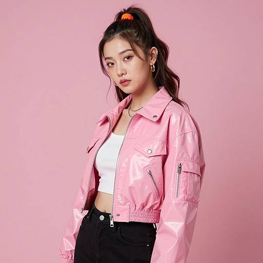 Stylish woman in glossy pink jacket