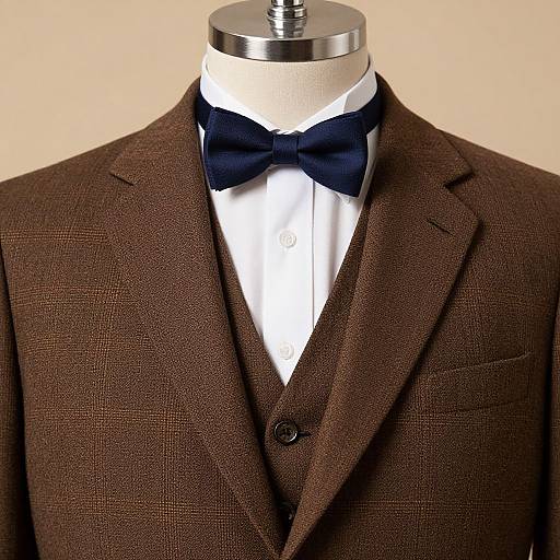 Photograph of a brown tweed suit with a navy bow tie on a headless mannequin, against a plain beige background.
