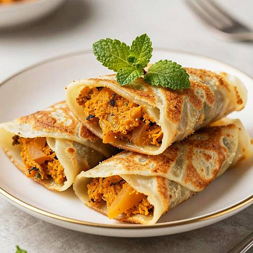 Photograph of golden-brown, crispy samosas filled with vibrant orange, spicy filling, garnished with fresh green mint leaves, on a white plate