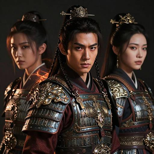 Photograph of three serious East Asian women in ornate, traditional Japanese samurai armor, with intricate metal plates and dark, elegant hairstyles, set against