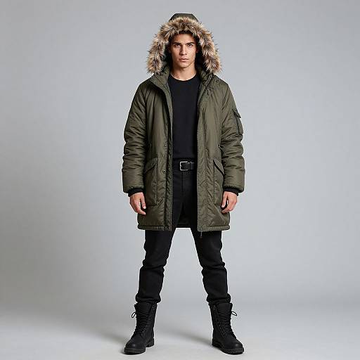 Photograph of a young man with curly blonde hair, wearing a green parka with a fur hood, black shirt, pants, and boots, standing