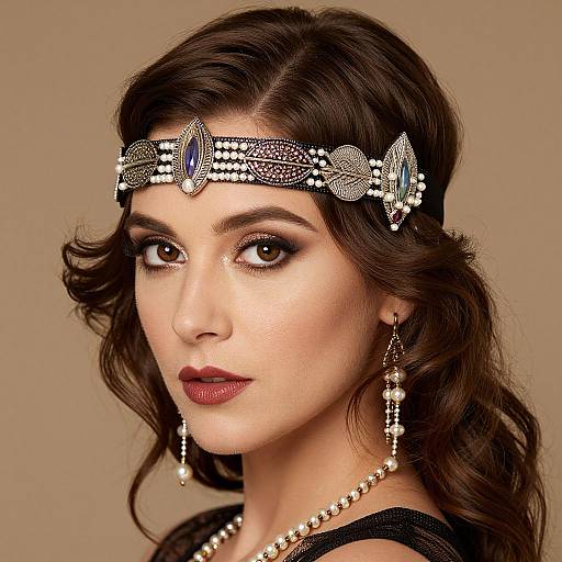 Photograph of a fair-skinned woman with dark brown wavy hair, wearing an ornate silver headband with blue gem, dangling earrings, and