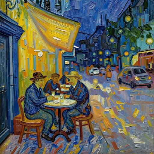 Vibrant, impressionist-style painting of two men in hats, sitting at a café table on a colorful, busy, nighttime street.