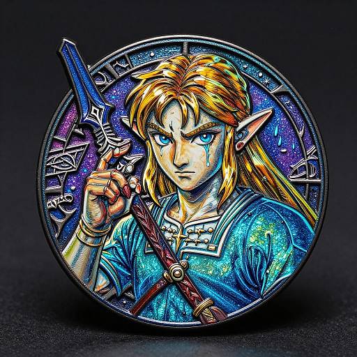 Digital art of Link from Zelda, with glowing blue eyes, holding a sword, wearing a blue tunic, in a circular, neon-styled frame