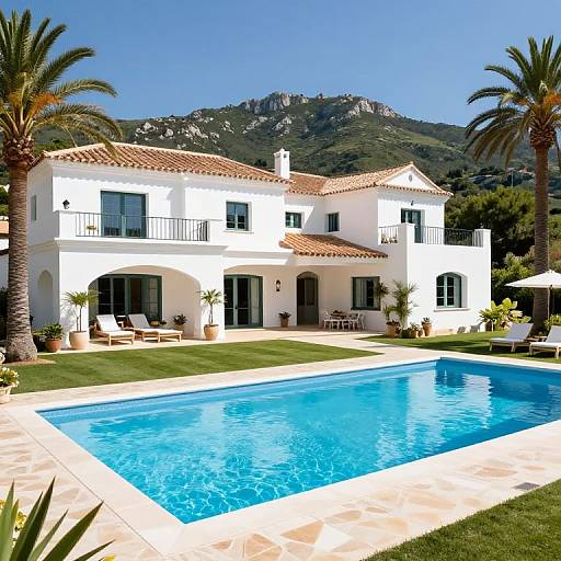 Photograph of a white Mediterranean-style villa with red-tiled roof, blue swimming pool, palm trees, and mountainous background under clear blue sky.