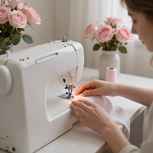 Photograph of a woman sewing pink fabric on a white sewing machine, surrounded by pink roses in vases, bright daylight.