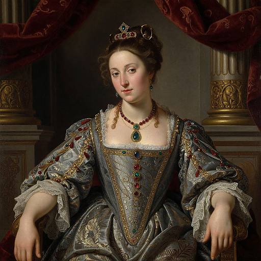 Photograph-style oil painting of a 18th-century aristocratic woman in elaborate gray gown with gold embroidery, red jewels, crown, and necklace,