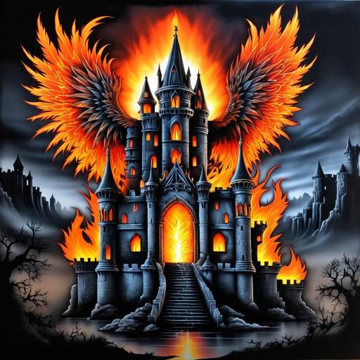 Fantasy Castle with Fiery Phoenix Wings