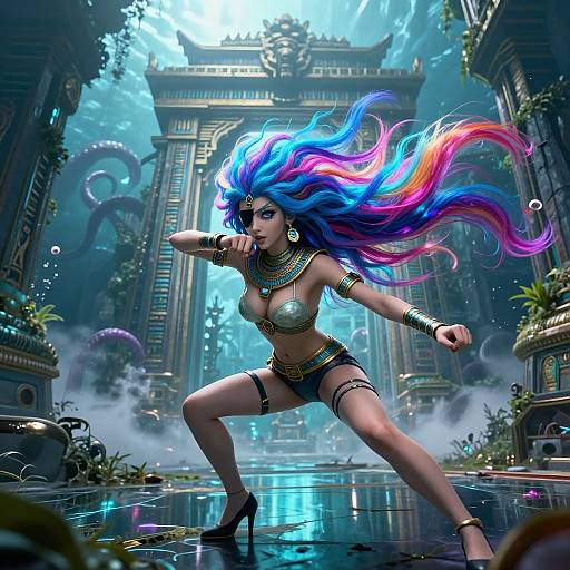 Digital art of a fierce, topless woman with vibrant blue, pink, and purple hair, wearing gold jewelry and black shorts, fighting in a mist