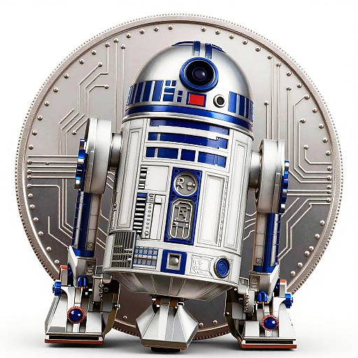 Digital illustration of R2-D2, a white and blue astromech droid, standing in front of a circular metallic plate with circuit patterns.