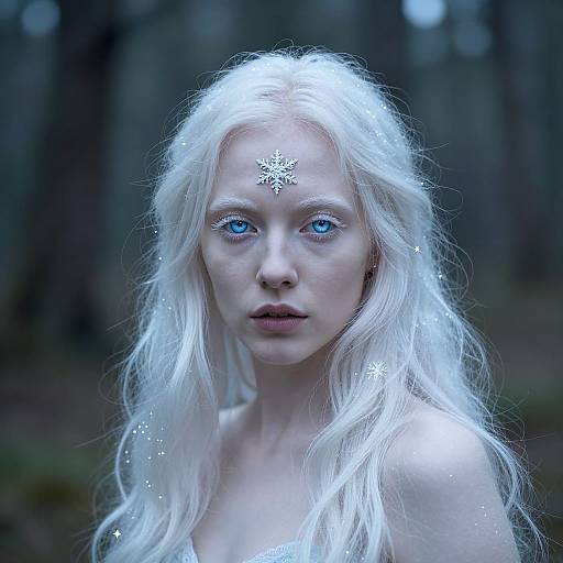Photograph of a pale-skinned woman with long, white hair and striking blue eyes, wearing a snowflake on her forehead, in a dark,