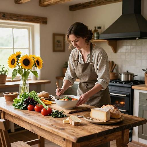 Photograph of a brunette woman in a brown apron, chopping vegetables on a rustic kitchen island with sunflowers, tomatoes, and bread.