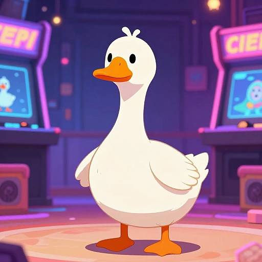 Cartoon white duck with orange beak and feet stands in neon-lit arcade, flanked by two colorful arcade machines.