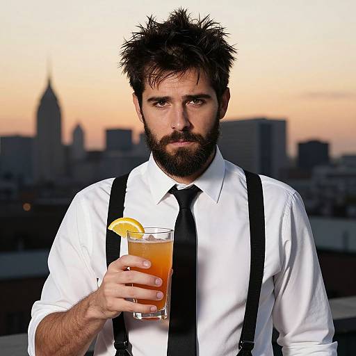 Bearded Man with Cocktail at Sunset