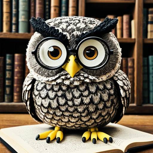 Cute grumpy owl with spectacles in library