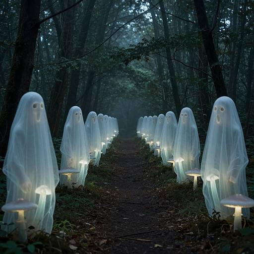 Photograph of a dark forest path lined with glowing white ghost figures, each with a luminescent light and standing beside small illuminated mushrooms.