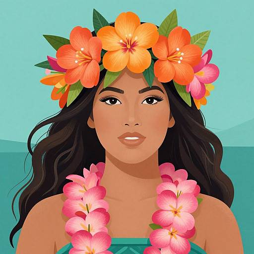 Digital illustration of a tan-skinned woman with long black hair, wearing a vibrant orange and pink flower crown and matching lei, against a blue background.