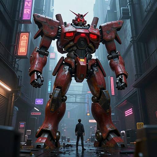 Red Mech Standing in Urban Alleyway