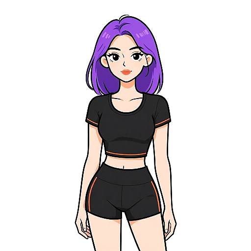 Digital anime-style drawing of a young woman with purple hair, black crop top, and black shorts with red trim, standing against a plain white background.