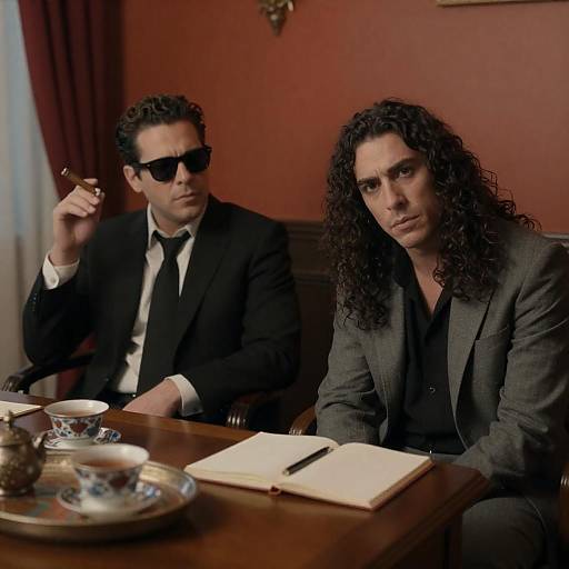 Two Men in Formal Attire with Tea Set