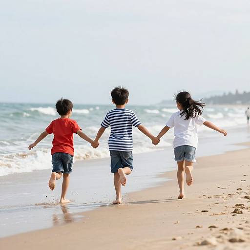 Photograph of three children holding hands, running barefoot on a sunny beach, wearing red, striped, and white shirts, and blue shorts.