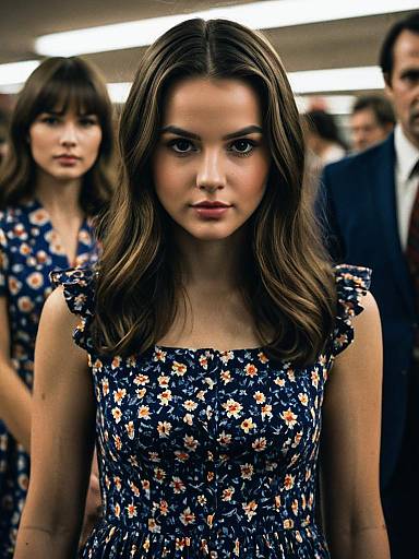 Photograph of a focused, young woman with long brown hair, wearing a blue floral dress, standing in a dimly lit room with blurred people in