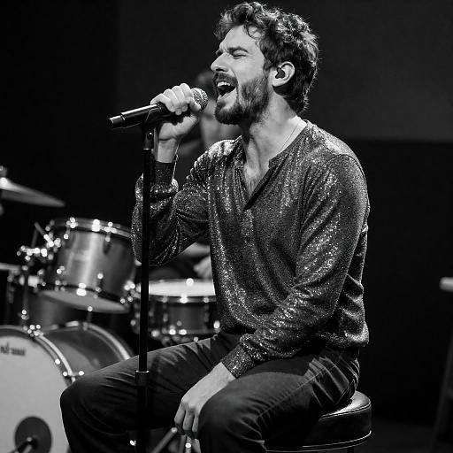 Bearded Singer on Drum Stool B&W