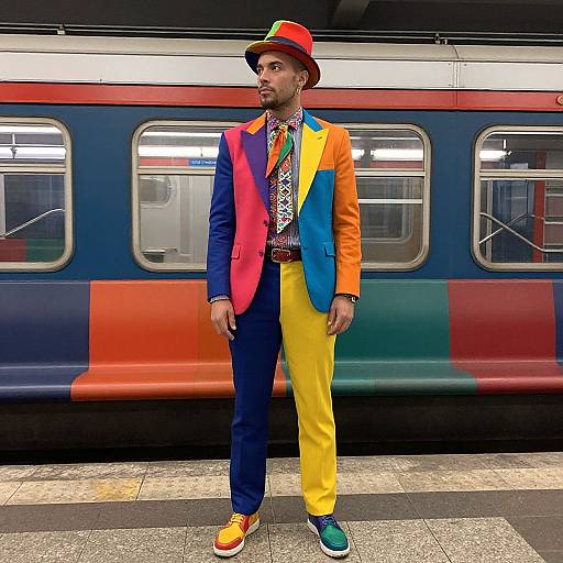 Photograph of a man in vibrant multicolor suit, red-yellow-blue-orange jacket, yellow pants, red hat, patterned shirt, colorful sneakers,