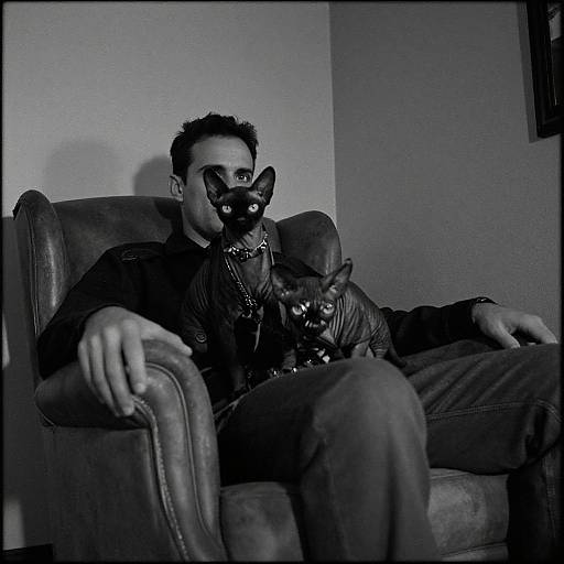 Black-and-white photograph of a man with short dark hair, wearing a leather jacket, sitting in a leather armchair, holding a black cat mask with