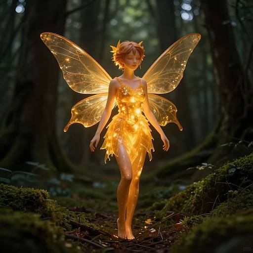 Photograph of a fairy-like child with glowing, translucent wings and a fiery, orange dress, standing in a dark, enchanted forest.