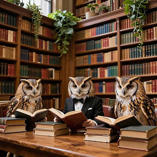 Photograph of two owls with human-like heads, dressed in black tuxedos, sitting at a library table with open books, surrounded by
