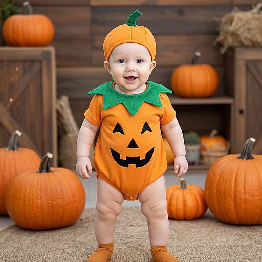 Photograph of a smiling baby wearing an orange pumpkin onesie with green leaf collar, pumpkin hat, and orange shoes, standing in a pumpkin-filled wooden