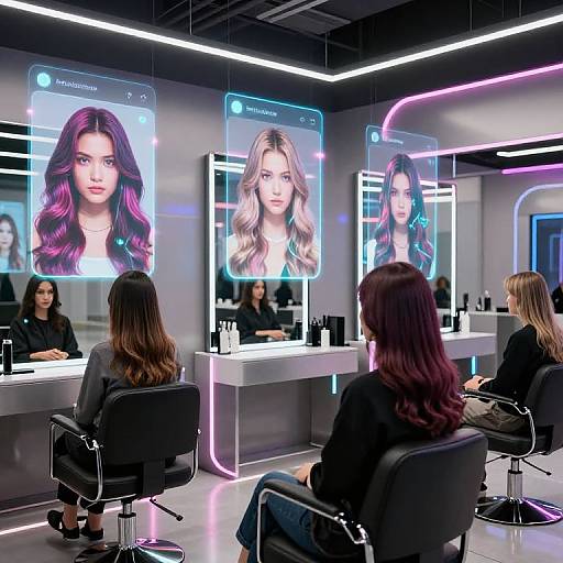 Photograph of a modern, neon-lit salon with four women seated, facing digital screens displaying their portraits with wavy hair.
