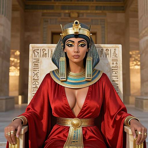 Digital illustration of an Egyptian queen with dark skin, black and blue striped headdress, deep red robe, gold jewelry, seated on a throne with hier