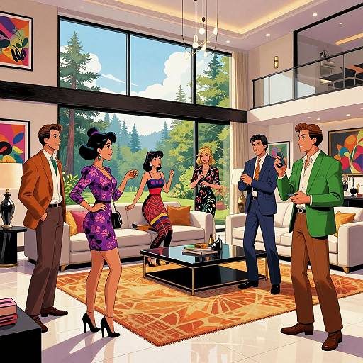 Colorful, modern living room with five stylish, diverse individuals in business attire, engaging in conversation. Large windows showcase a sunny, forested view.