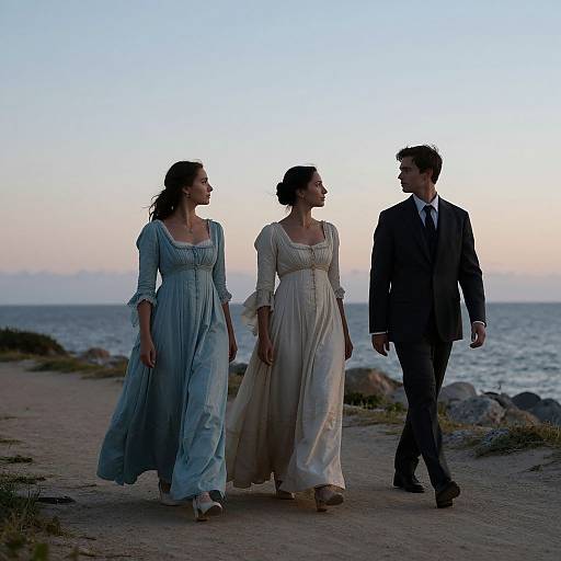 Photograph of a couple and bride in blue and white dresses holding hands with a groom in a black suit on a rocky beach at sunset.